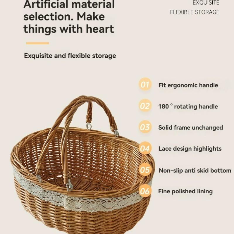Handmade Bamboo Storage Basket, Multi-Purpose Organizer, Floral Bottom Design, Rural Style, Perfect for Bouquets and Picnics