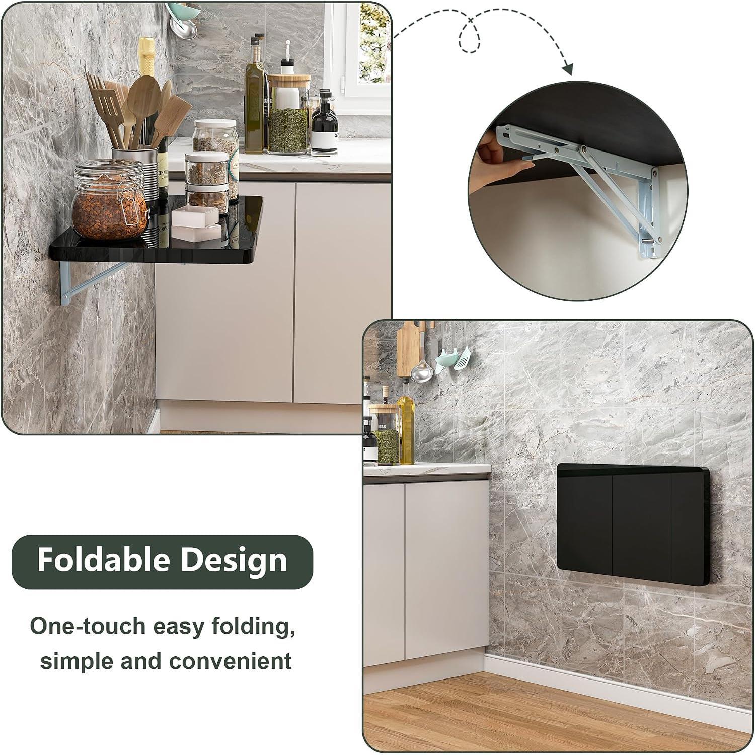 Black Wall Mounted High Gloss Folding Table 23.6" L x 15.7" W, Laundry Folding Table for Laundry Room,  Office, Kitchen, Bedroom,  Bar, Wall Desk Fold Down for Small Spaces
