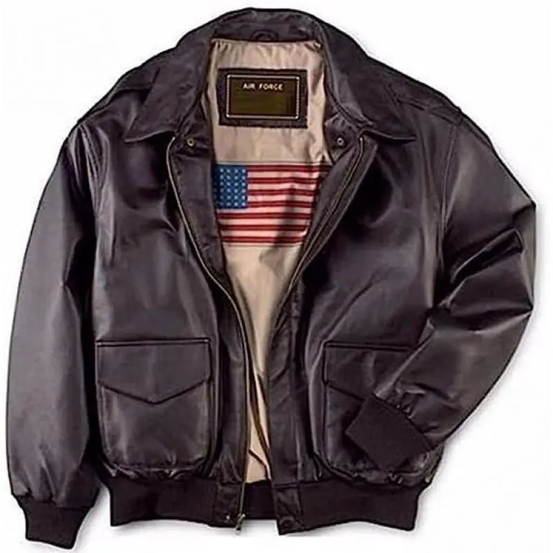 A2 Aviator USA Pilot Flying Bomber Leather Jacket Men's Classic Coats Cotton Lined Polyester Fill Sleeve Tops with Pockets