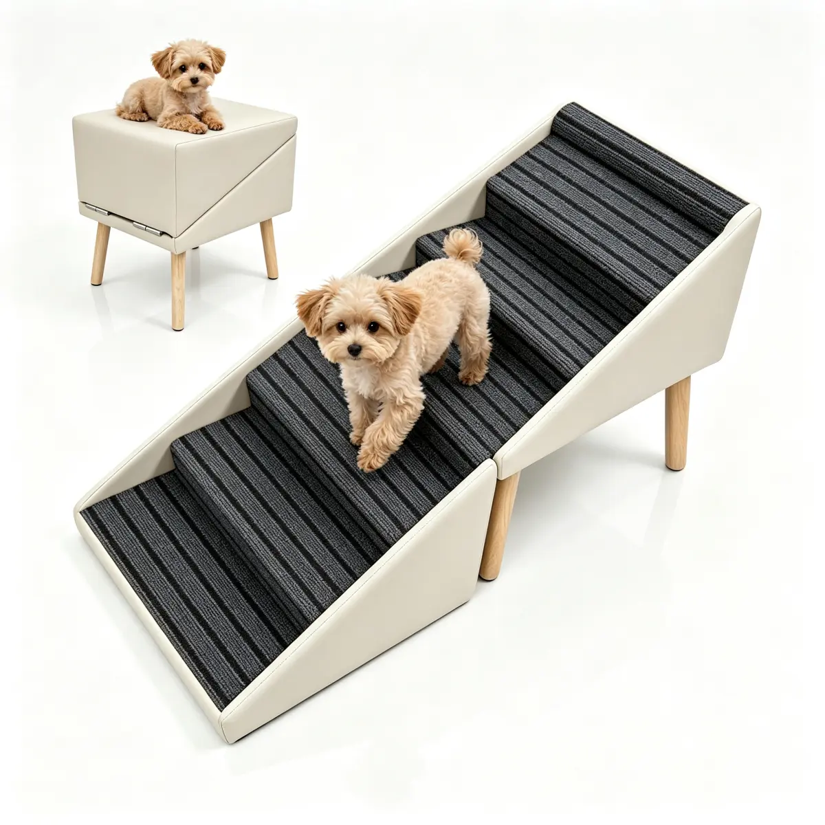 2-in-1 Dog Stairs for Bed and Couch, 23" Foldable Dog Ramp 6 Pet Steps & Ottoman for Small and Large Dogs, Beige