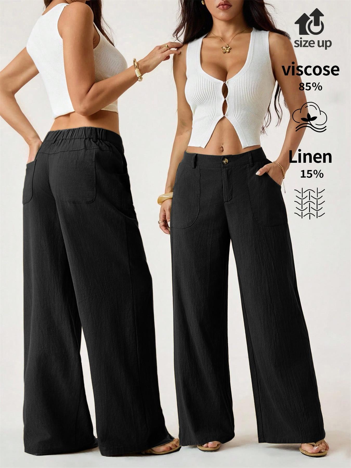 Women's Classical Chic Linen Palazzo Pants Summer Flowy Loose Wide Straight Leg Beach Trousers With Pocket Casual Solid Color Soft Elastic High Waist Lounge Pants Travel Vacation Bottoms Date Brunch Home Work Streetwear Outfit