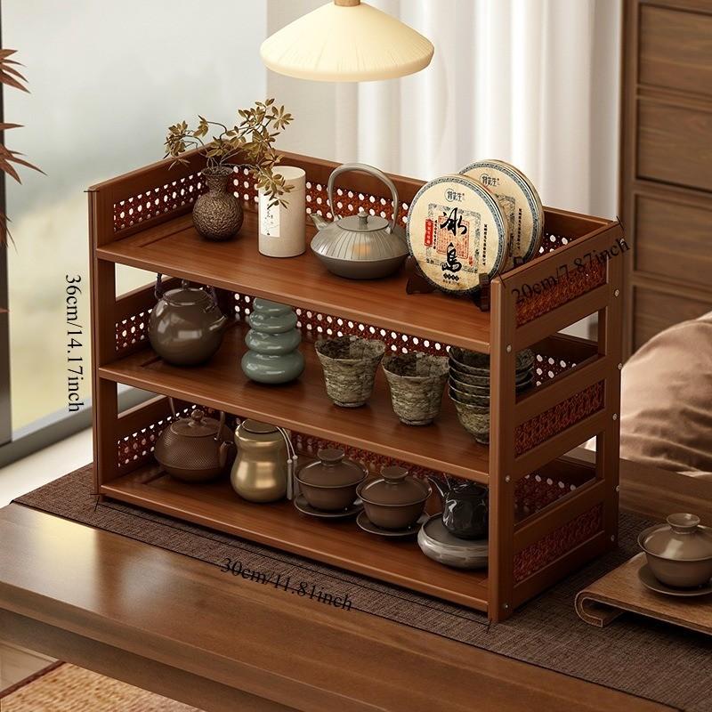 Tabletop Cup Holder Storage Display Rack, Tea Set Cups Water Glasses Coffee Mugs Organizer, Kitchen Counter Shelf, Bamboo Wood Stand