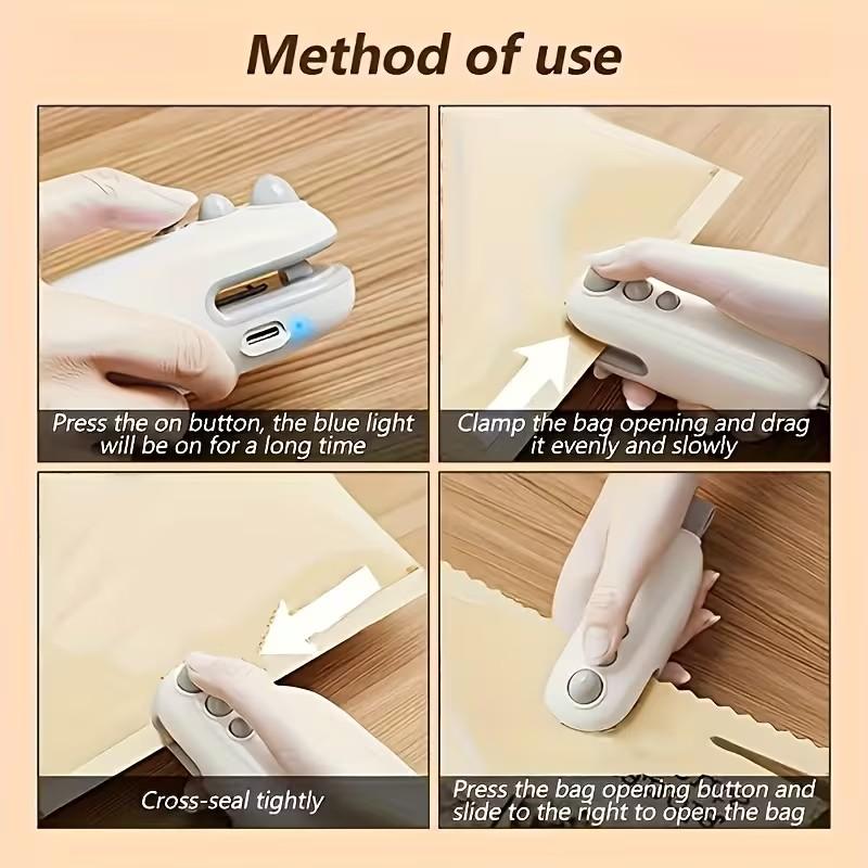 1PCS Mini Bag Sealer Rechargeable Handheld Magnetic Heat Sealer 2 In 1 With Cutter Food Freshness Snack Sealing Portable Home Kitchen Sealing Tool