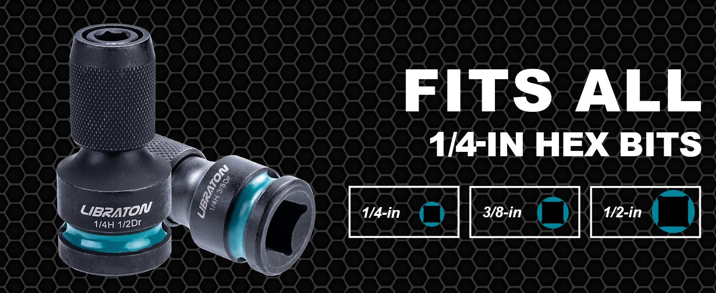 LIBRATON Impact to 1/4 Hex Converter, 1/2 3/8 1/4-INCH Drive Female to 1/4-Inch Hex Adapter, Impact Wrench Adapters for Ratchet Wrench Drivers, Impact Bit Holders, Quick-Change Chuck, Cr-Mo Steel