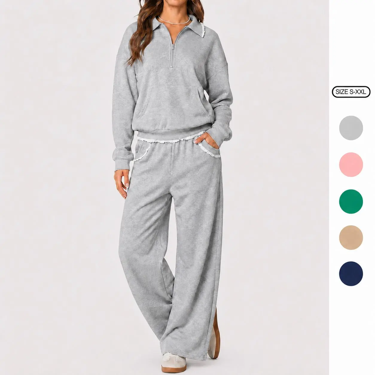 Imily Bela Women 2 Piece Ruffle Trim Lounge Sweatsuit Half Zip Collar Pullover Top Wide Leg Sweatpants Casual Tracksuit Set