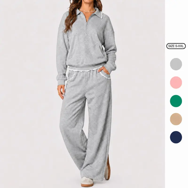 Imily Bela Women 2 Piece Ruffle Trim Lounge Sweatsuit Half Zip Collar Pullover Top Wide Leg Sweatpants Casual Tracksuit Set