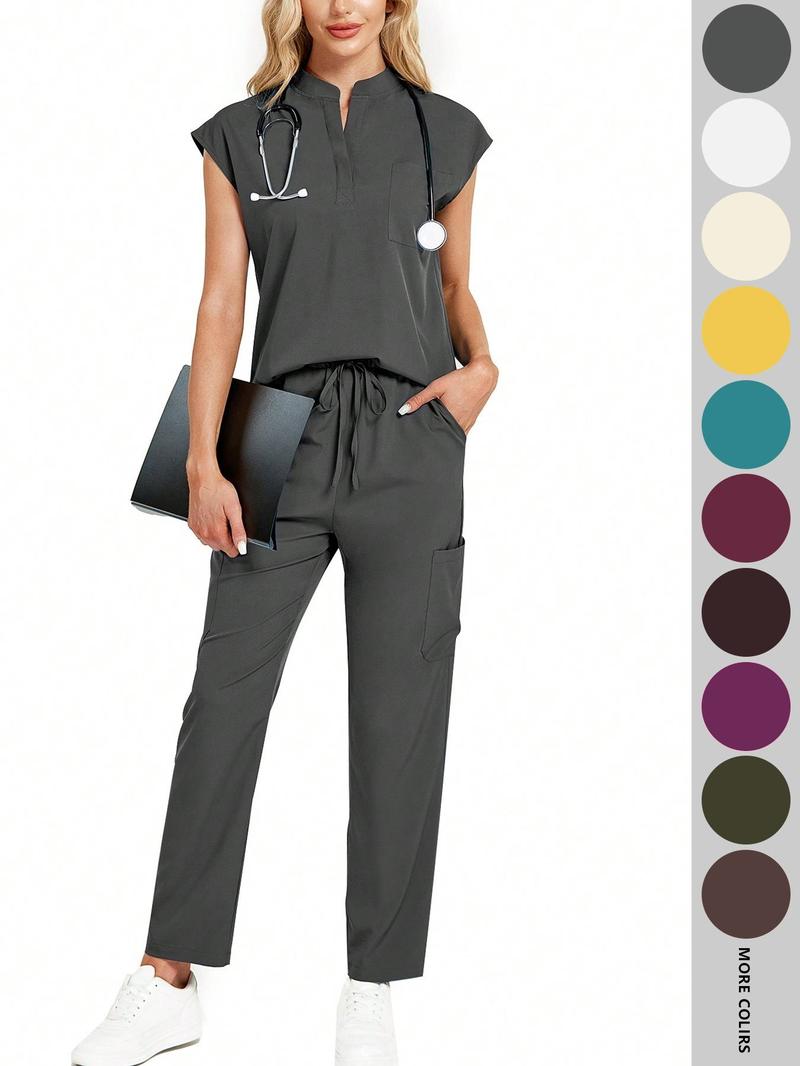 Cimmuovere Women's Solid Notched Neck Batwing Sleeve Top & Drawstring Waist Pants Two-Piece Scrub Set, Casual Cap Sleeve Top & Pocket Trousers for Summer, Vital Scrub Top, Women's Uniforms for Work, Medical Scrub Sets