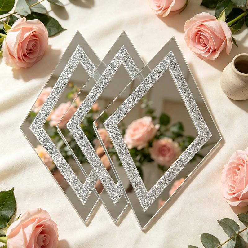 Silver diamond-shaped wall mirror, wall mounted mirror, decorative crystal-studded mirror, suitable for bedrooms, living rooms, and hallways, home decor