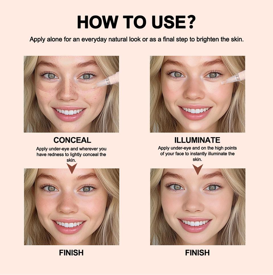 3-colour concealer pen, liquid concealer pen, dark circle concealer pen, tear trough concealer pen, highlighting concealer pen, acne scar concealer pen, blemish concealer pen, precision concealer pen, easy-to-use concealer pen