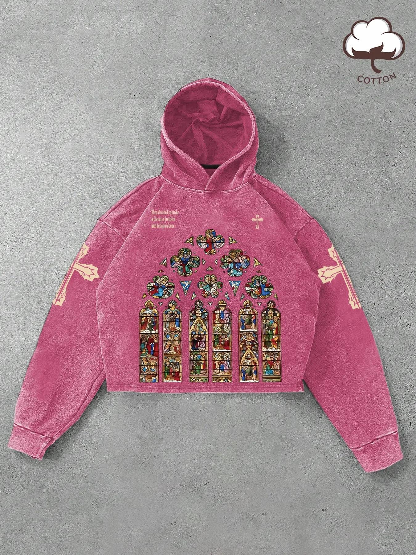 American Vintage Washed Church Stained Glass Print Hoodie, Short Loose Fit Cross Top, Casual Spring & Fall Fashion