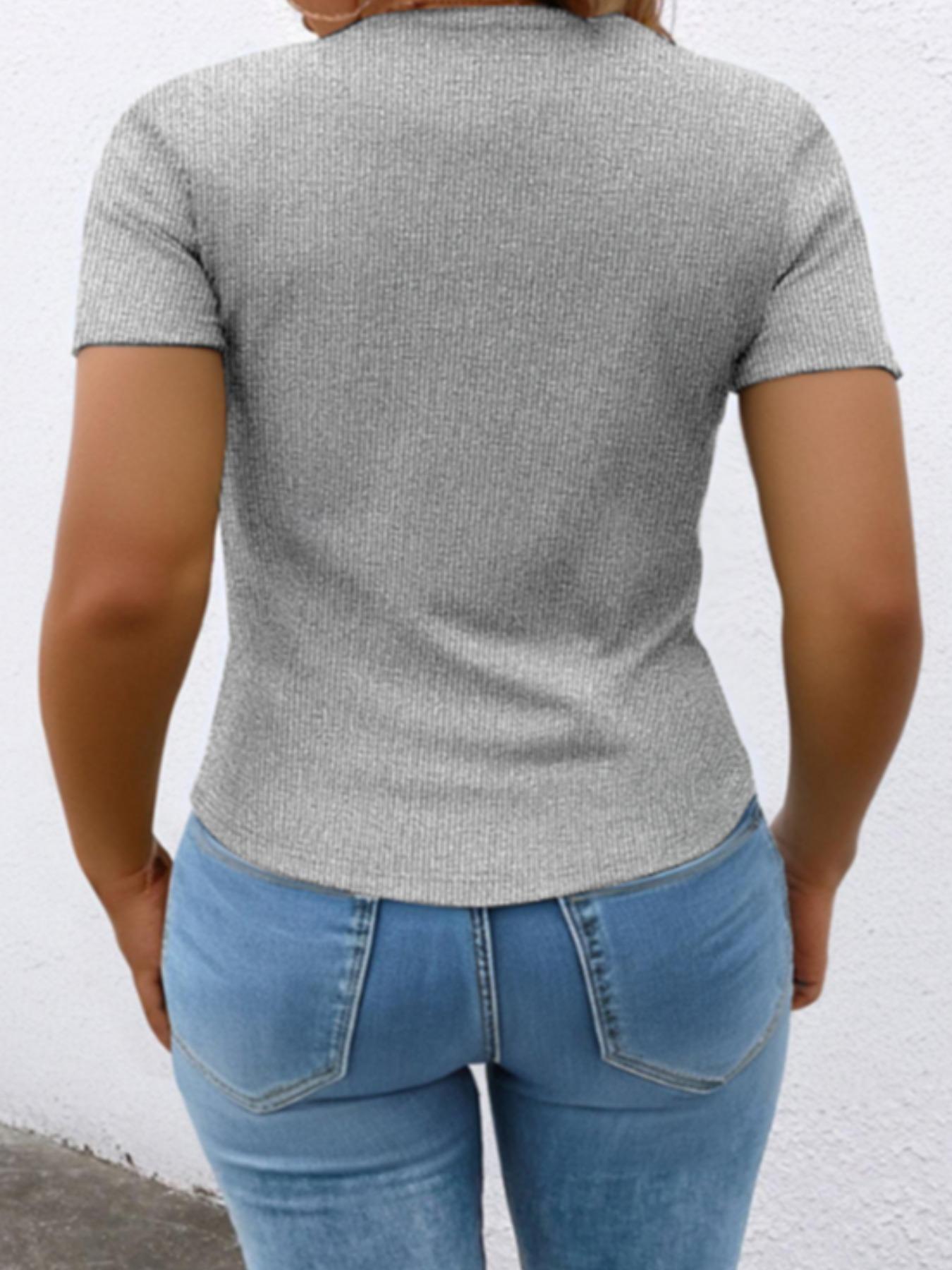 【Plus Size】 Solid Ribbed Short Sleeve Top, Casual Button Front Top for Summer, Women's Plus Clothing for Daily Wear 【Plus Size】 Solid Ribbed Short Sleeve Top, Casual Button Front Top for Summer, Women's Plus Clothing for Daily Wear