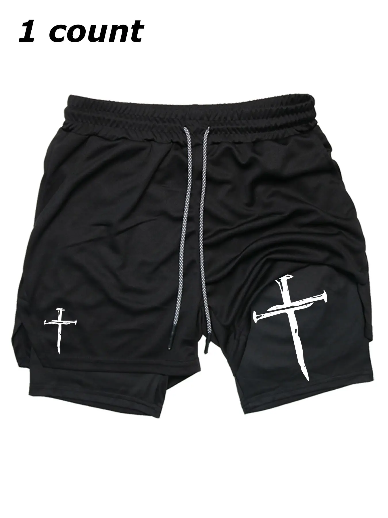 Men's Cross Print Drawstring Waist 2 in 1 Sports Shorts, Regular Fit Sporty Breathable Quick Drying Pocket Shorts, Elastic Drawstring Shorts, Gym Shorts, Summer Sports Bottoms for Gym Workout Running, Gym Clothing, Athletic Wear Shorts