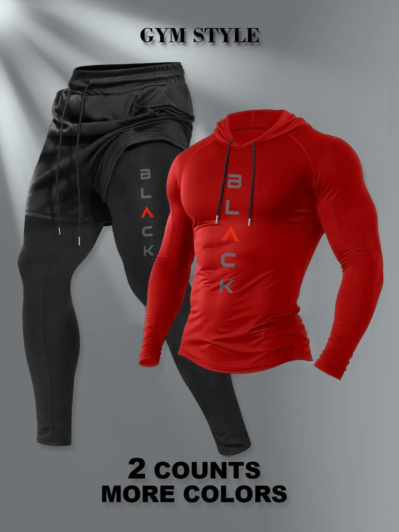 Men's Hooded Long Sleeve T-Shirt + Faux Two-Piece Pants Set, Stylish Casual Fall & Winter, Moderate Fabric, Fitted Style