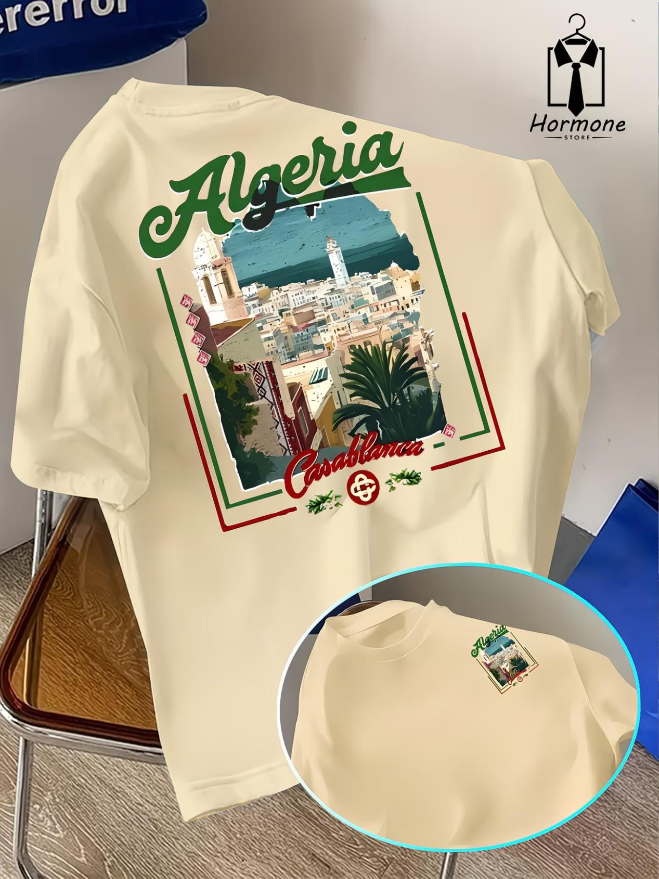 Men's Short Sleeve T-Shirt, Polyester Fabric, Casablanca Cityscape Print, Casual Slim Fit, Fashion Round Neck, Ideal for Spring Summer Outdoor Wear