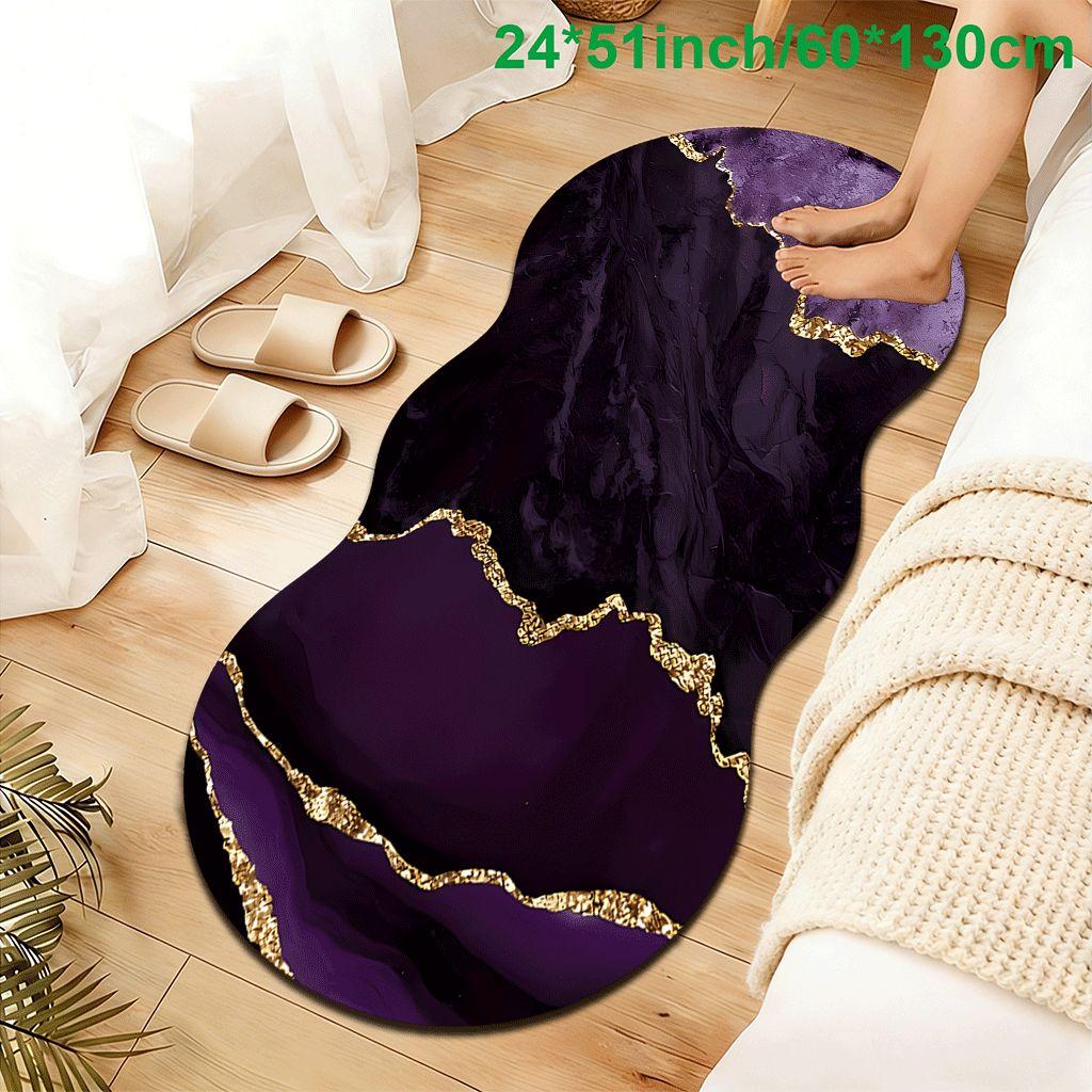 2D Flat velvet irregular shape carpet with purple marble and gold foil pattern, machine washable and non-slip design, suitable for bedrooms/rooms, all seasons of spring, summer, autumn and winter, as well as Valentine's Day, Christmas and Thanksgiving, du