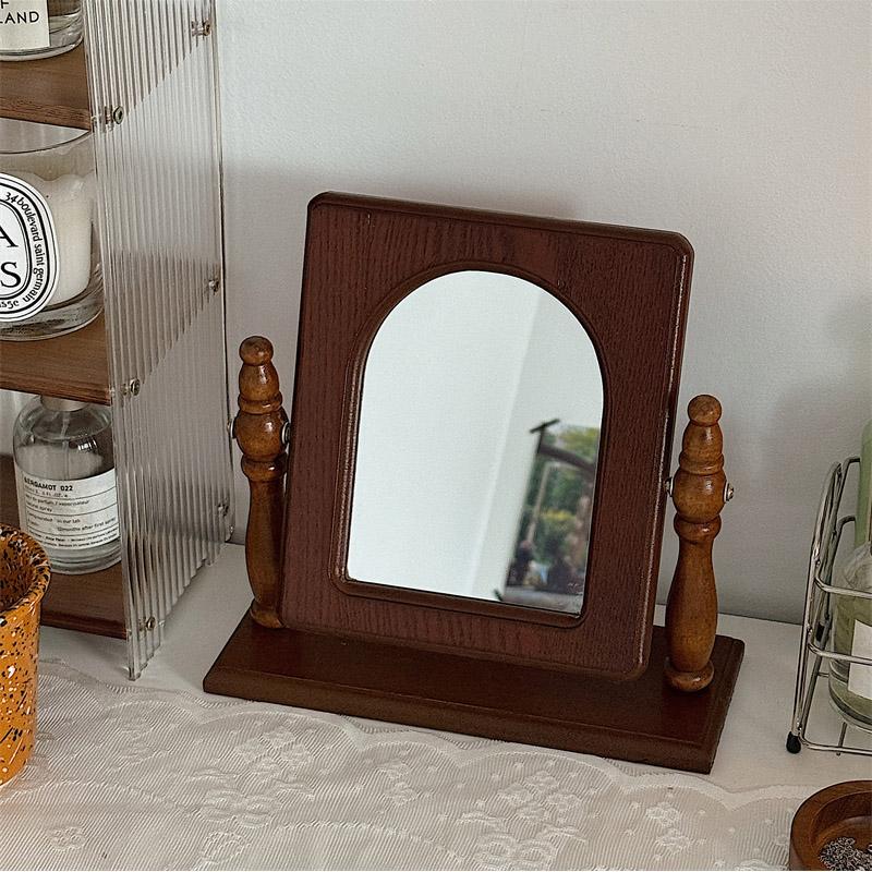 Rotatable Makeup Mirror Desktop Organizer Box, French Vintage Wooden Vanity Storage, Bedroom Desk Accessory, Unframed Edge Grinding Design