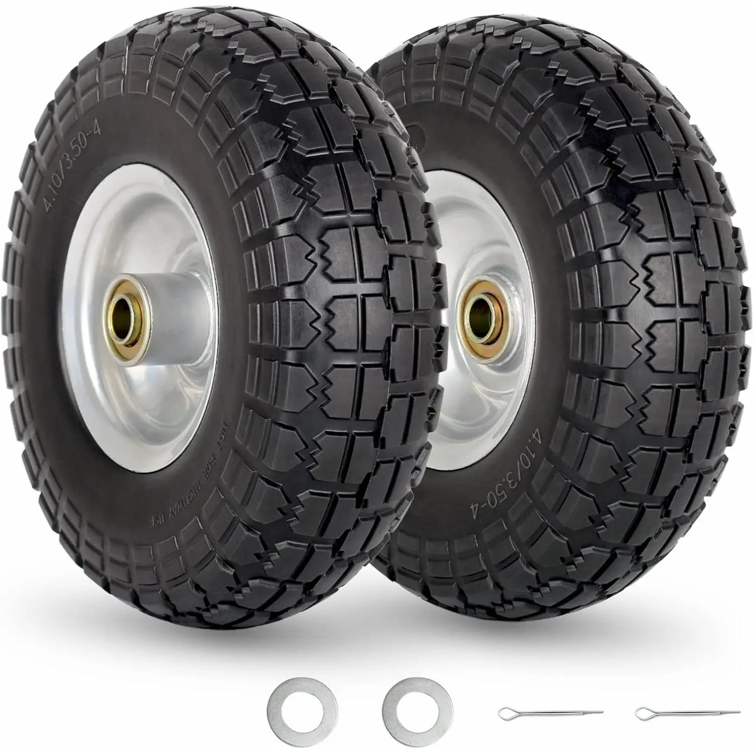 4.10/3.50-4" Flat Free Tire and Wheel, 10" Duty Tire, 5/8" Axle Bore Hole, 2.2" Offset Hub, for Hand Truck Cart Wagon Trolley Dolly, 2 Pack