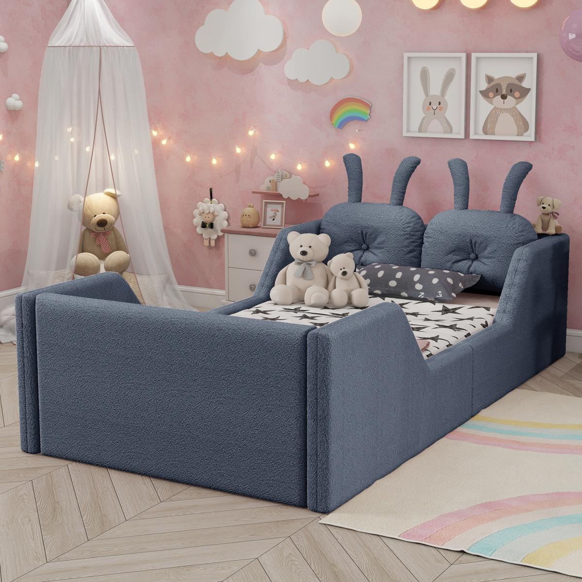 Twin Size Upholstered Floor Bed with 21-Inch Guardrails, Detachable Side Rails & Rabbit-Shaped Cushions, Teddy Fabric Foam Padding, No Box Spring Needed, Fits 8-Inch Mattress Twin Size Upholstered Floor Bed with 21-Inch Guardrails, Detachable Side Rails & Rabbit-Shaped Cushions, Teddy Fabric Foam Padding, No Box Spring Needed, Fits 8-Inch Mattress