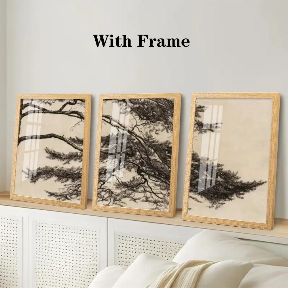 3-Piece Optional Wooden Frame Vintage Pine Tree Branch Botanical Art Poster High Grammage Moisture-proof Micro-spray Flat Surface No Color Difference Home Wall Decor