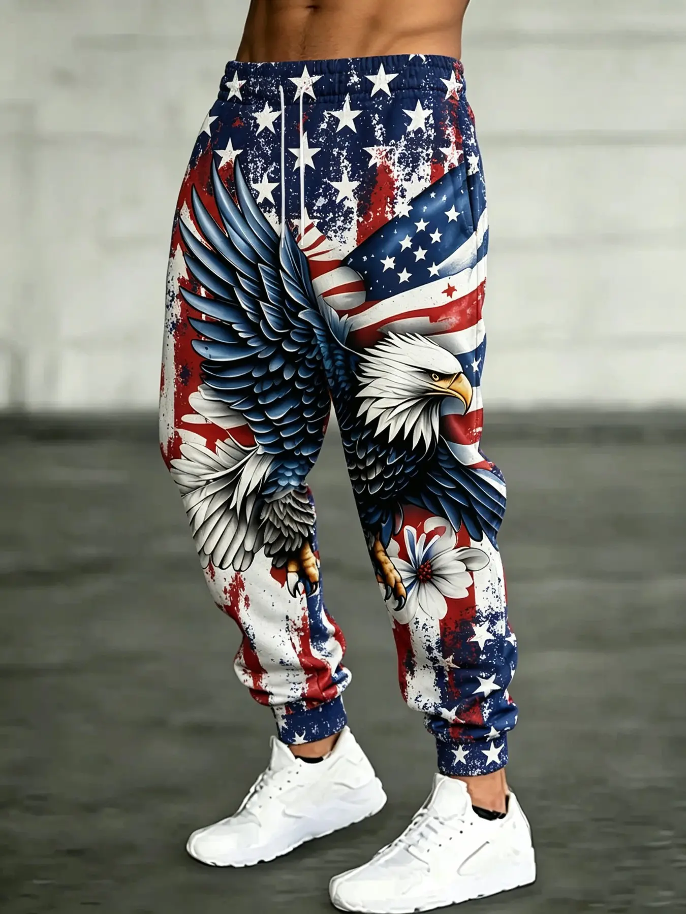 Men's Vintage American Flag Eagle Floral 3D Full Print Sweatpants, Slim-Fit Casual Long Pants with Drawstring Waist, Fall Fashion