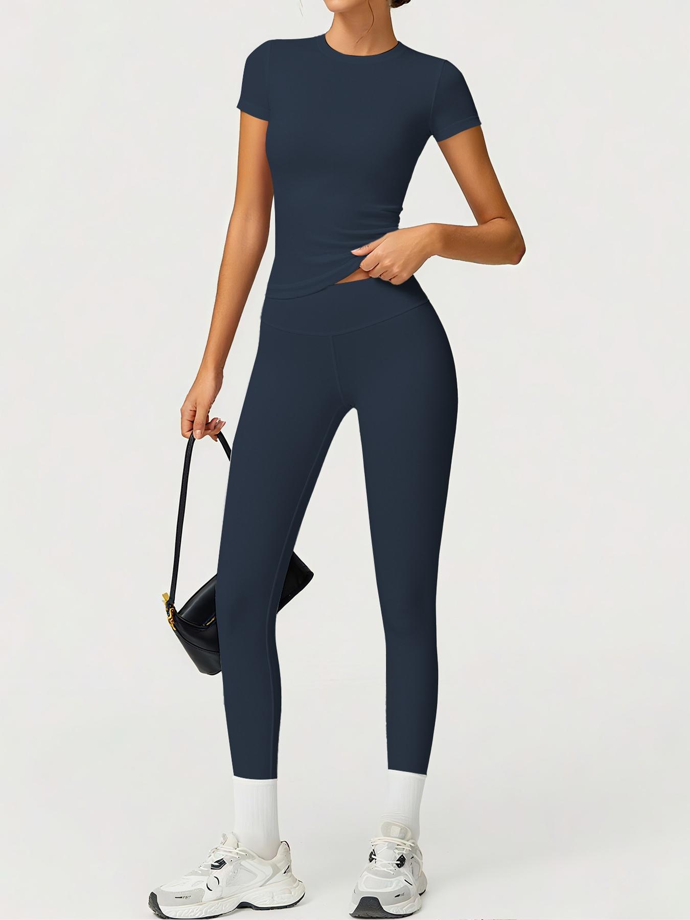 Women's Sporty Fitted Yoga Tracksuit Set, Soft Breathable Stretch Fabric Activewear Short Sleeve Top & Elastic Pants, Ideal for Fitness Running Outdoor Activities