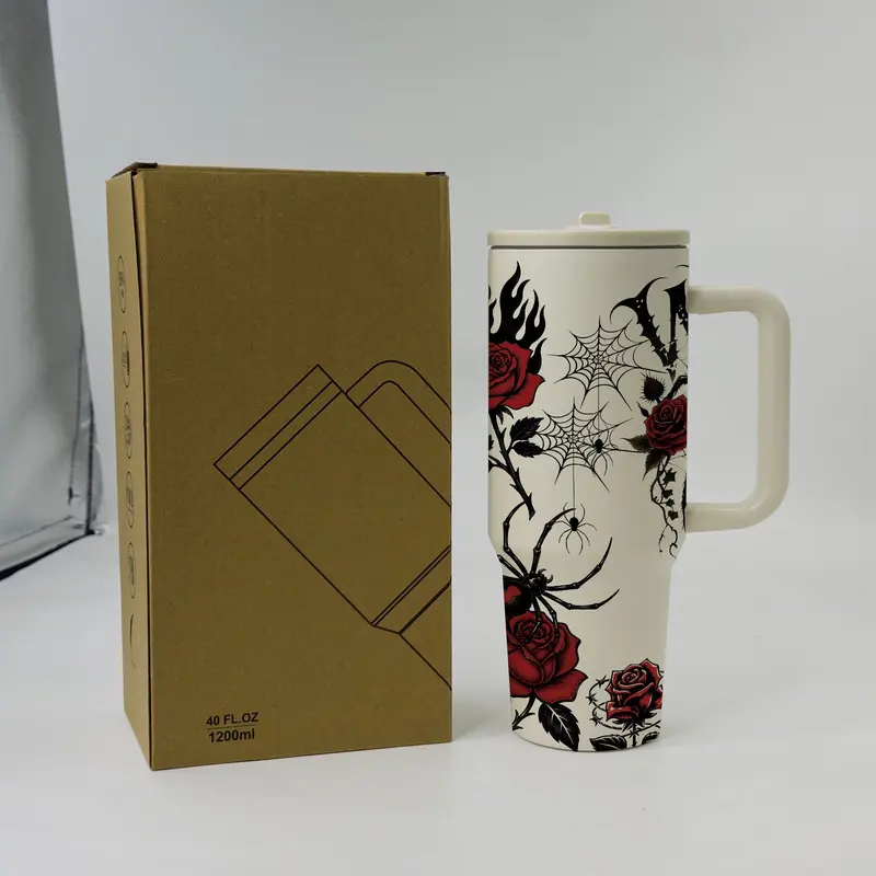 1‑Piece 40oz Insulated Mug, Double Wall Leak‑Proof Large Handle Thermal Cup, Keeps Hot 12 Hours and Cold 24 Hours, Dark Gothic Print Gift for Women and Men, Halloween Holiday, Office Travel Daily Use, Drinkware