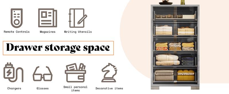 VanAcc Minimal High Gloss 5/6 Drawers Dressers with Silver Grooved Handles, Aesthetic Design, Modern Storage Chest of Drawers with Wide Tabletop, Storage Cabinet for Bedroom, Dressing Room, Living Room