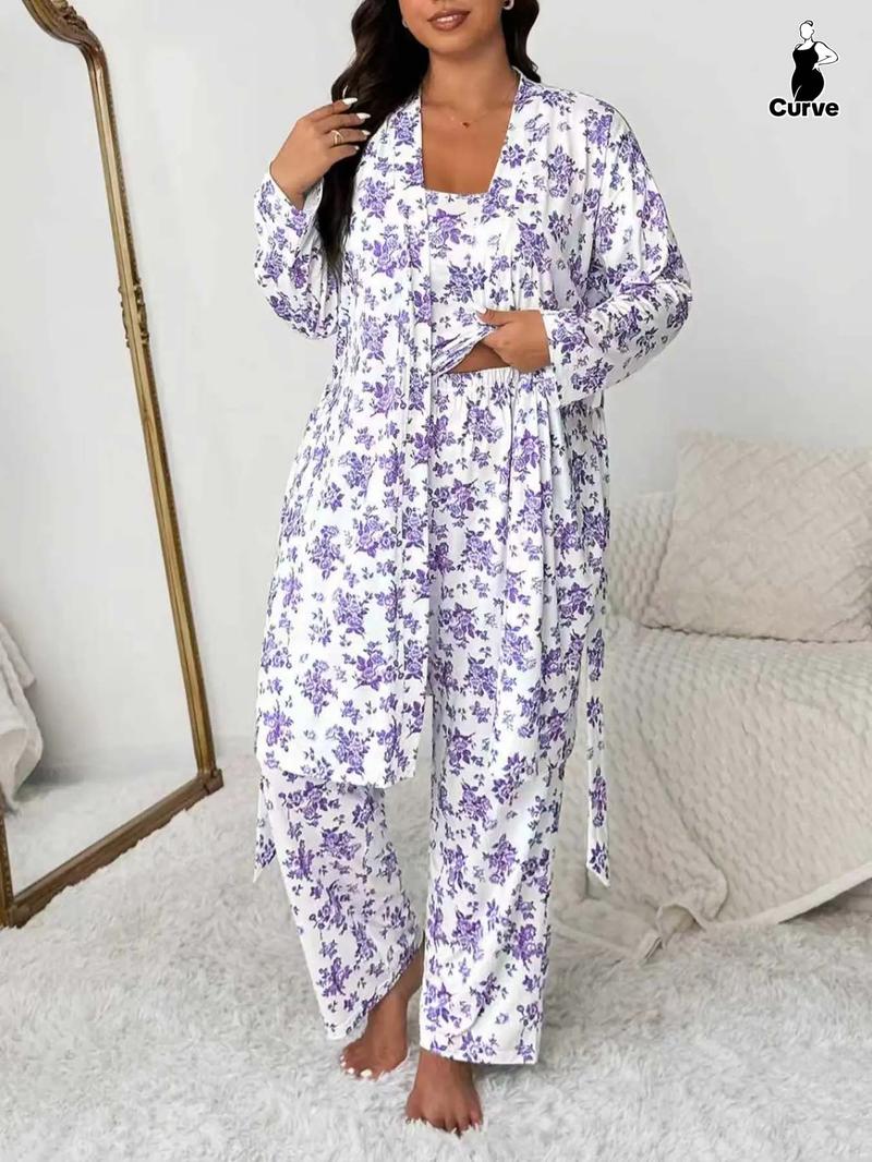 Plus Size Floral Print Robe Set for Women, Elegant Comfortable Sleepwear, Sleeveless Top & Long Pants, Spring & Fall Home Wear, Pajama Set