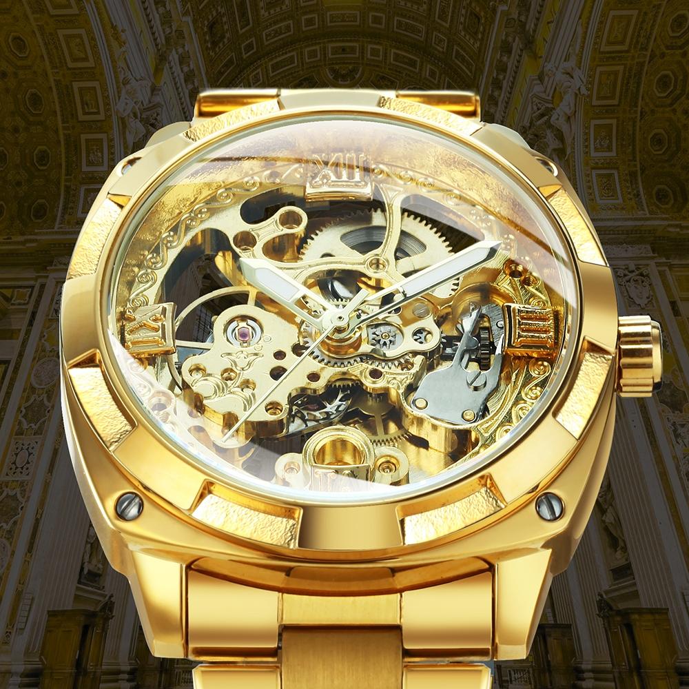 1pc Royal Luxury Skeleton Automatic Mechanical Watch for Men Luminous Hands Top Brand Stainless Steel Strap Business Casual Square Retro Mens Watches Festival Birthday Gifts With Box Stainless Steel Wristwatch