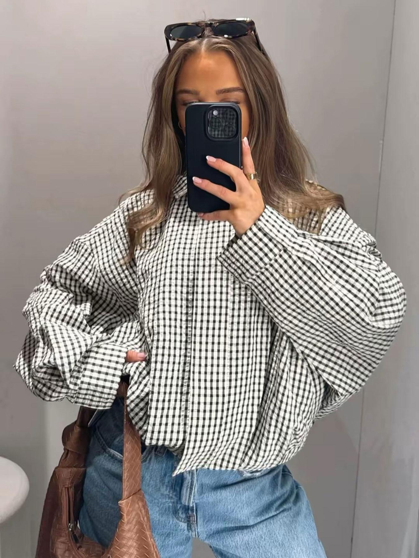 Plaid Oversized Jacket Women's Bomber Jacket Outerwear With Pockets Plaid Checked Outerwear Spring Autumn Black & White Check Long Sleeve Top Cropped Stand Collar Zip 2026 New Loose Oversized Fit Side Pockets Daily Wear Street Style Office Casual Top