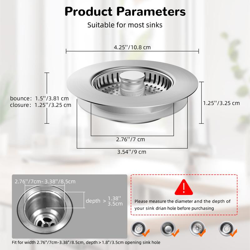 Hibbent 3 in 1 Kitchen Sink Drain Strainer and Stopper Combo, Chrome Stainless Steel Wraped Shell, Anti-Clogging Basket Strainer with Foldable Handle for US Standard 3-1/2" Drain