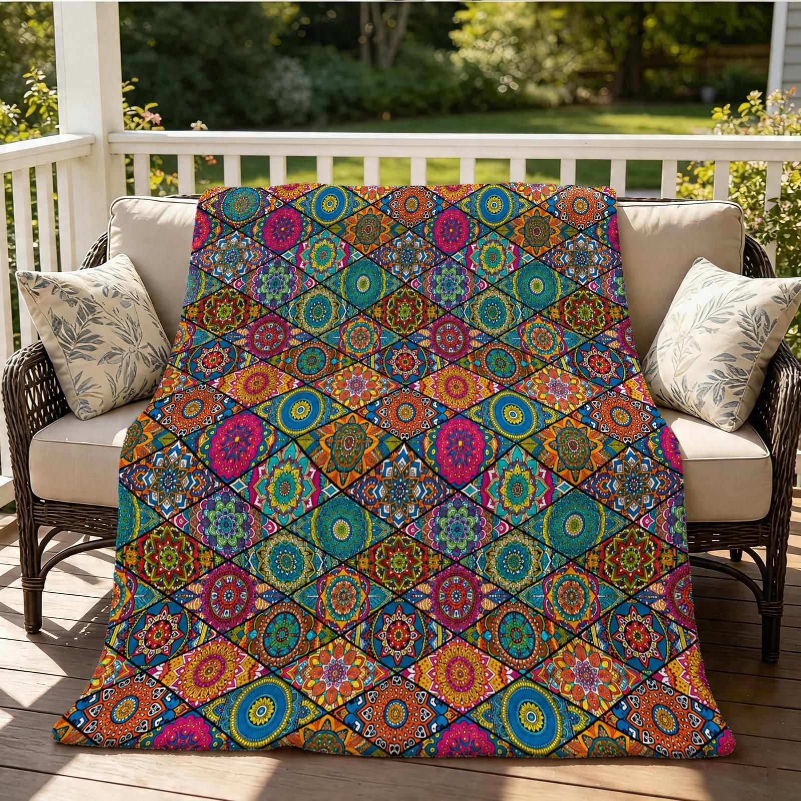 Bohemian Style Flannel Blanket, Single-Side HD Print, Tribal Geometric Style, Soft and Lightweight, Multi-Purpose for Napping, Camping, Picnic and Home Decor, Suitable for Teens and Adults