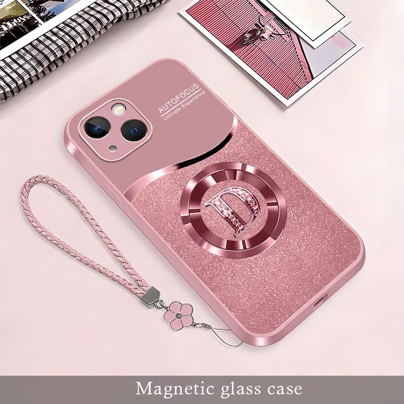 Personalized Initial Letter Rhinestone Magnetic Case for iPhone 13, Luxury Glitter Glass Cover with Lanyard Wrist Strap  ----975