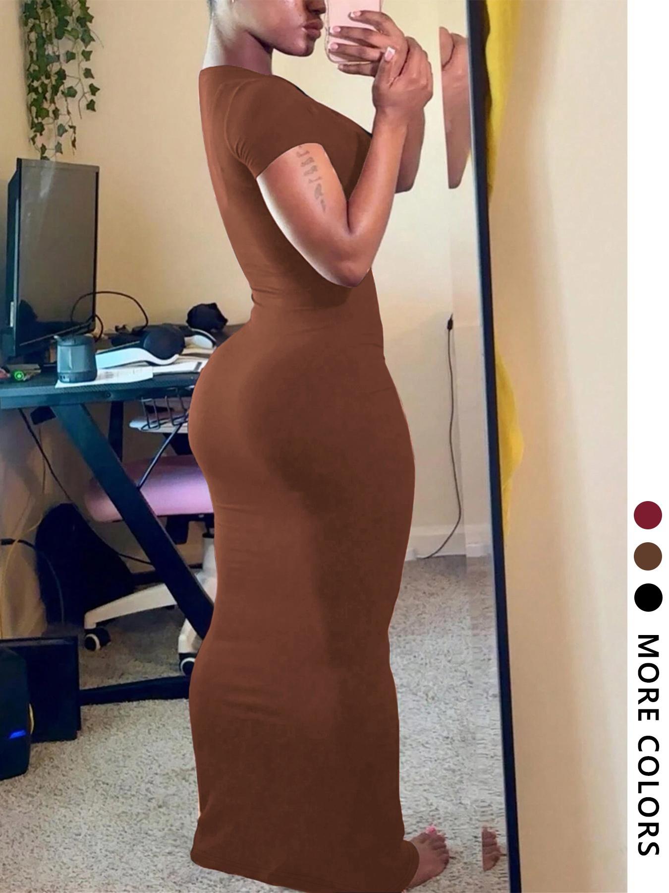Women's Trendy Round Neck Tight-Fit Dress, Plain Sexy Youthful Summer Dress, Casual Wear for Vacation - TikTok Shop Women's Trendy Round Neck Tight-Fit Dress, Plain Sexy Youthful Summer Dress, Casual Wear for Vacation - TikTok Shop