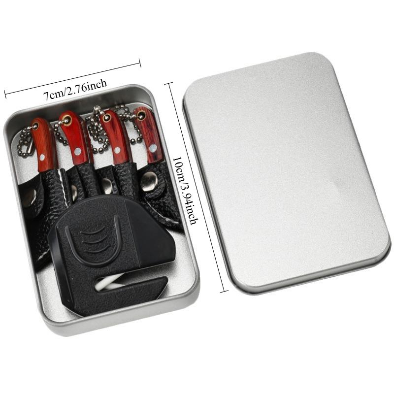 1 box, mini pattern set, including 4 knives, 4 knife sheaths, 1 sharpening stone, outdoor camping EDC tool set, portable keychain, multi-purpose, Edc Multi Tools, Portable Multipurpose Knives, Camping Supplies, Camping Gear