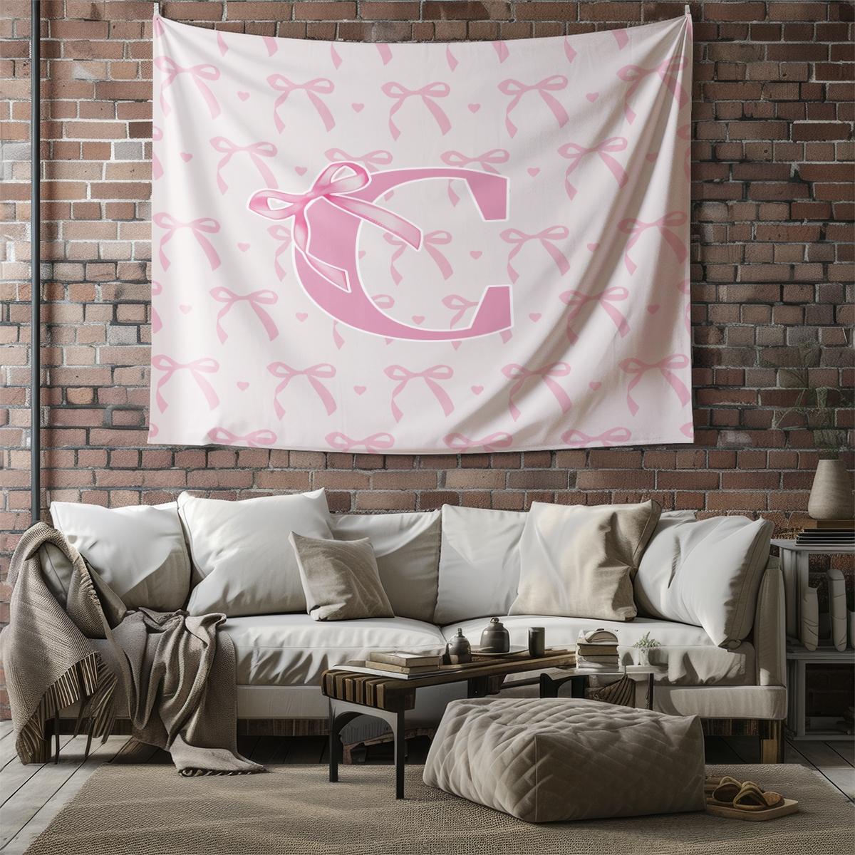Pink Bow Heart Wall Tapestry, Custom Initial Sweet Print, Soft Decorative, Ideal for Girls Bedroom Living Room Wall Decor
