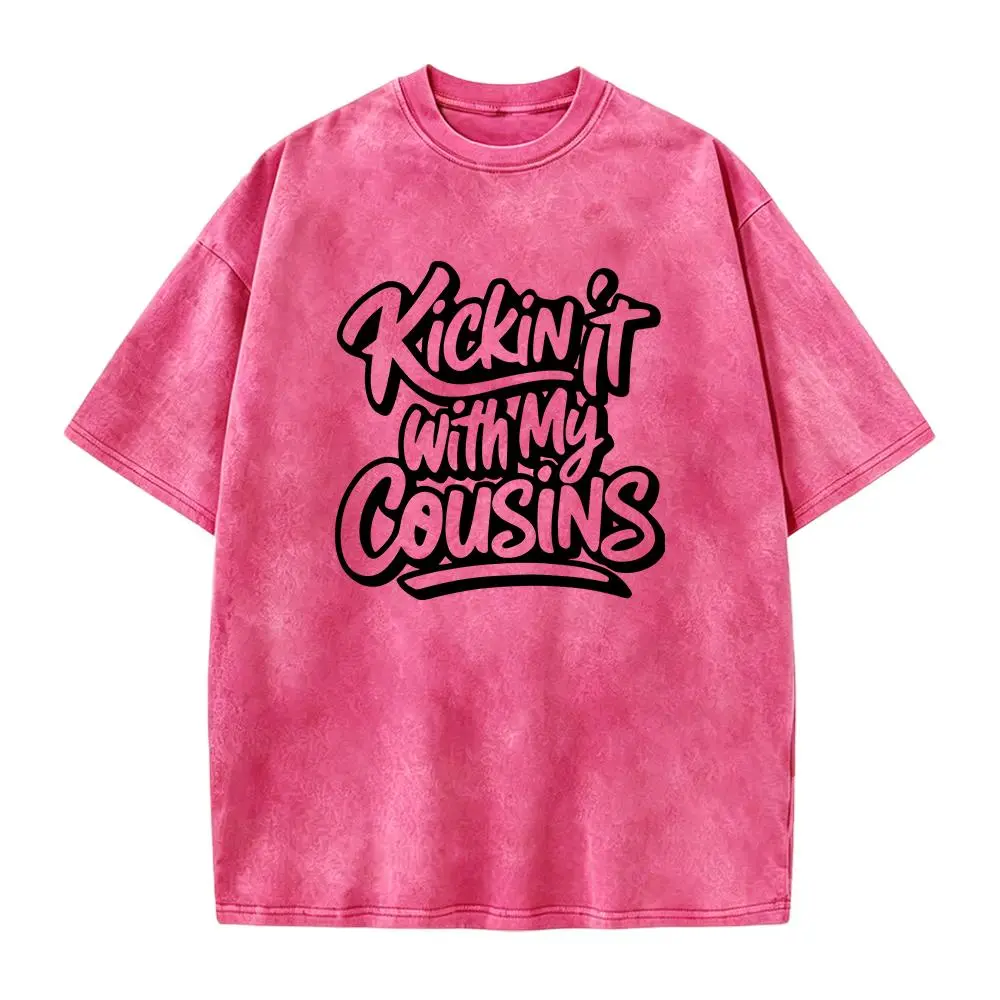 Retro Bubble Script Kickin It With My Cousins Graphic Tee, White Crew Neck Matching Family Short Sleeve Casual Summer Top