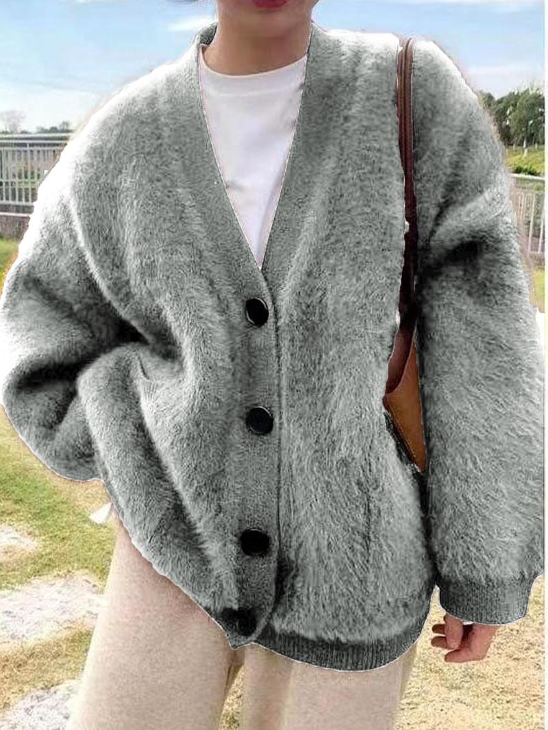 Women's Solid Button Front Pocket Drop Shoulder Fuzzy Sweater Cardigan, Casual Long Sleeve V Neck Cardigan for Daily Wear, Ladies Knitwear for All Seasons