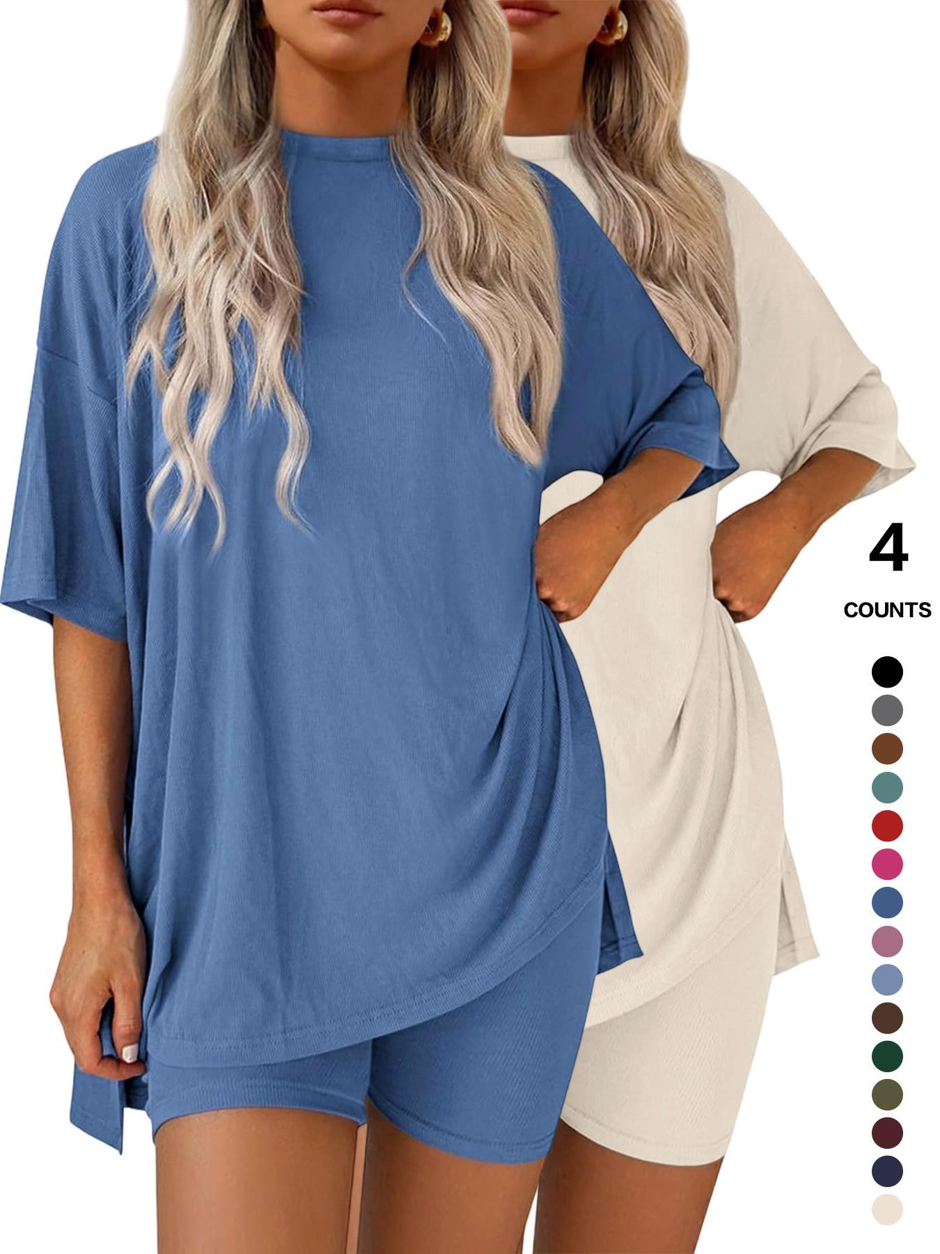 Cozy Mama Lounge Set, Women's 2-Piece, Crew Neck Oversized T-Shirts, Comfortable Home Wear, Perfect for Relaxing at Home
