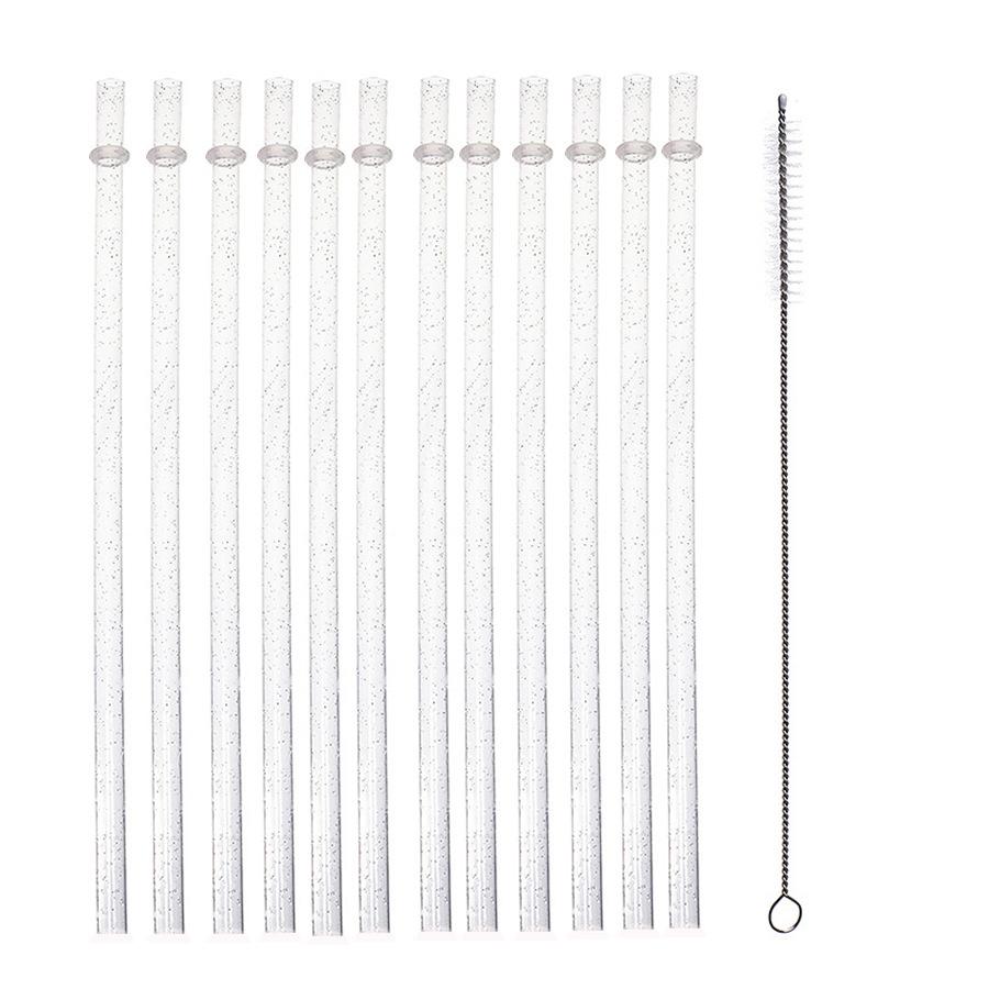 Reusable Drinking Straws with Cleaning Brush, 12pcs Durable Plastic Colorful Glitter Drinking Straws, Drinking Supplies for Home Kitchen Party Picnic Outdoor