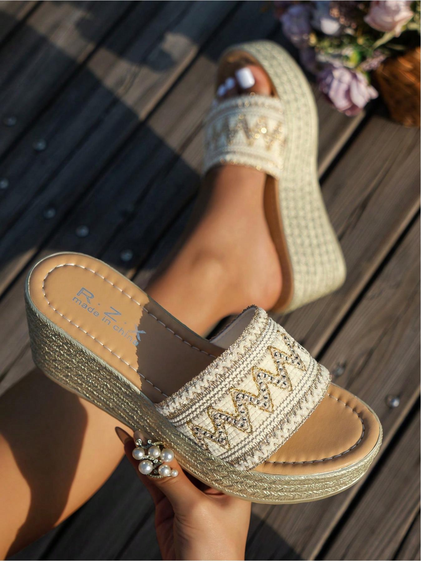 Vintage Bohemian Resort Style Handmade Crochet & Straw Wedge Heels, Breathable, Thick Sole, Anti-Slip, Multiple Sizes & Colors, Perfect for Daily Wear