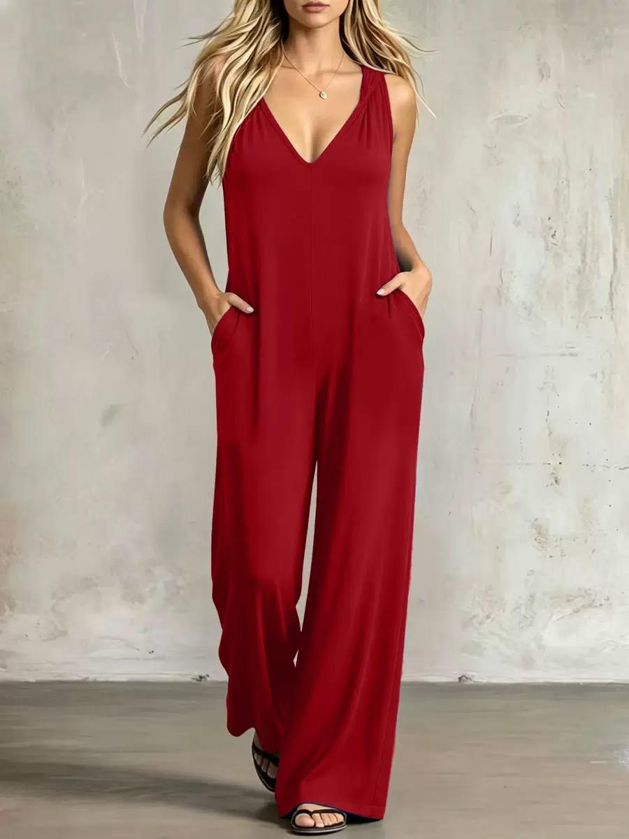 T7001 Women Soft Casual Loose Loungewear Hooded One Piece Jumpsuit, Sleeveless V Neck Wide Leg with Pockets, Ideal for Summer Holiday & Daily Active Wear.