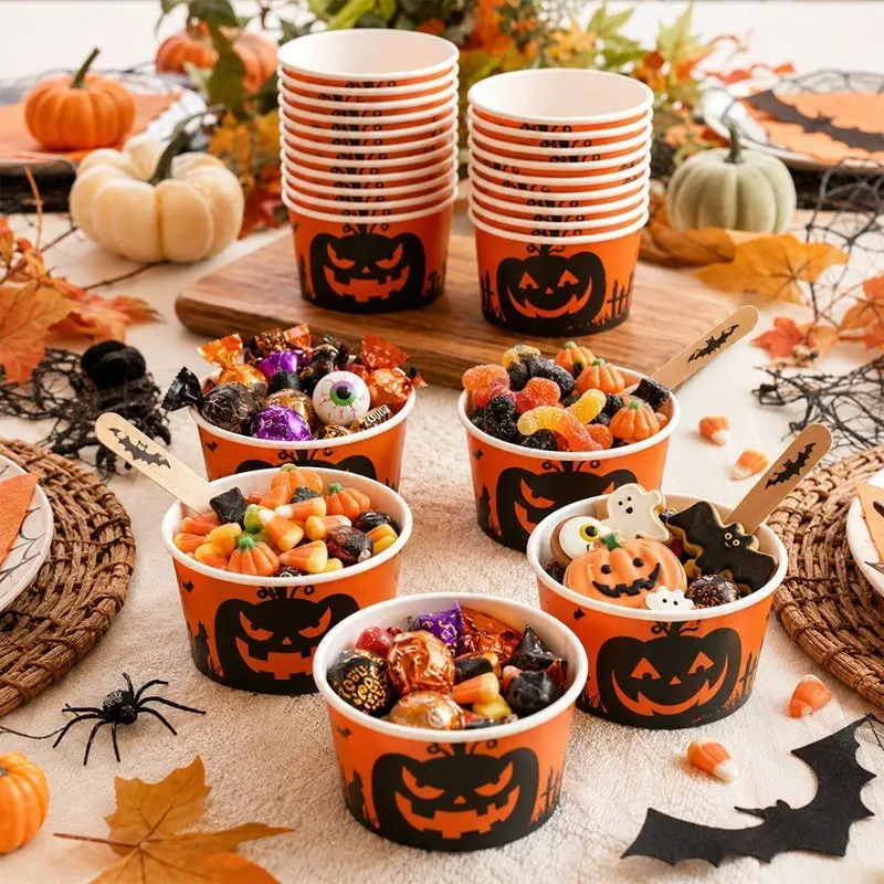 10pcs Halloween Pumpkin Paper Bowls, Disposable Pumpkin Print Snack Bowls, Party Decorative Tableware, Perfect for Festive Events