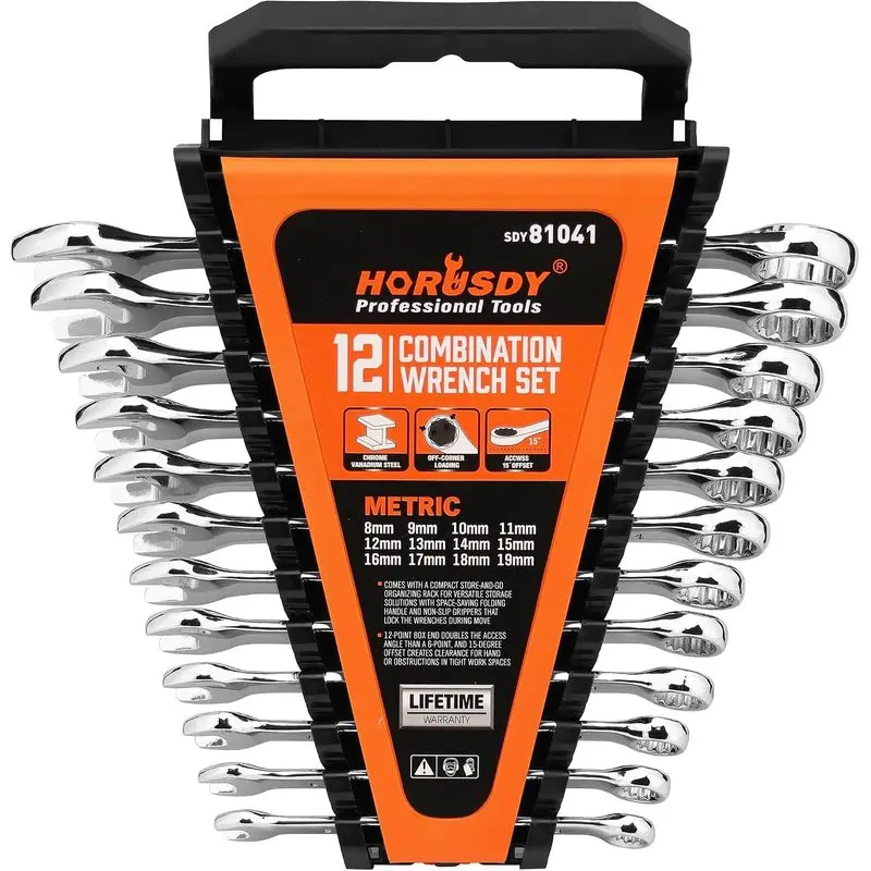 12-Piece Metric Combination Wrench Set with Organizer, 12-Point Box End, 8mm to 19mm Chrome Vanadium Steel, Mirror Finish, Better Leverage for Loosening Rusty Bolts