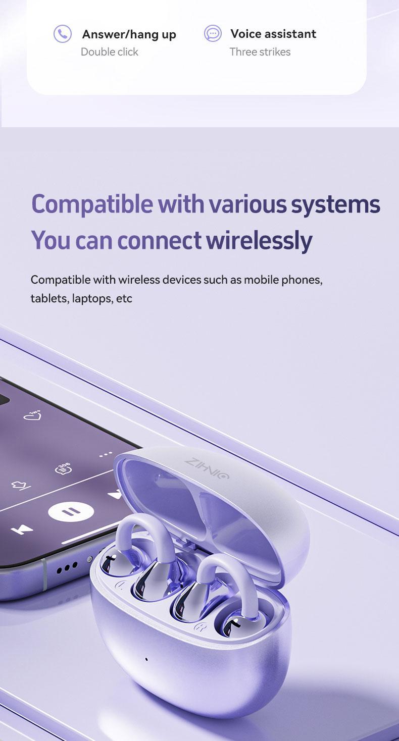 ZIHNIC S26 Clip-on Earbuds,Open Ear Earbuds Wireless Bluetooth 5.4, Lightweight Open Ear Headphones with C-Shaped Bridge,Slim Hook,50H Battery,Waterproof,for Glasses Wearers and Workouts