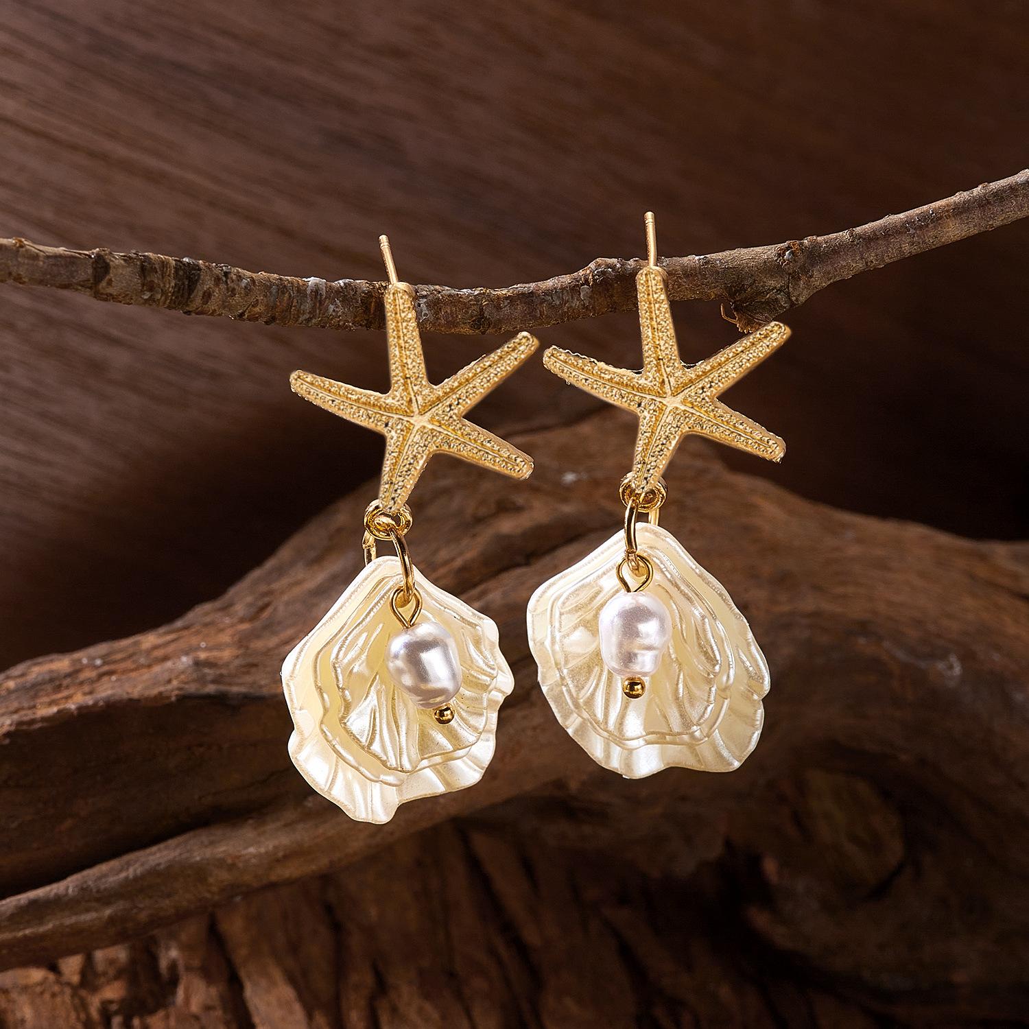 Stylish Beach Vacation Inspired Starfish Pearl and Seashell Dangle Earrings for Women Trendy Summer Resort Jewelry Gift