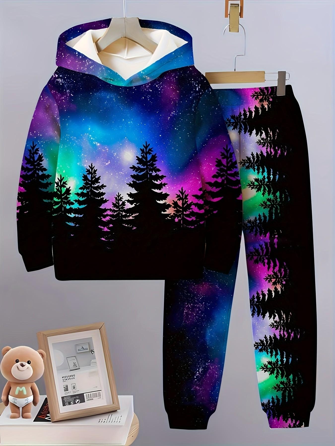 5 Pcs Boys' Gothic Neon Skull Starry Full Print Sports Set, Hooded Sweatshirt and Drawstring Pants, Casual Streetwear Outfit Sets for Kids Clothes Kids