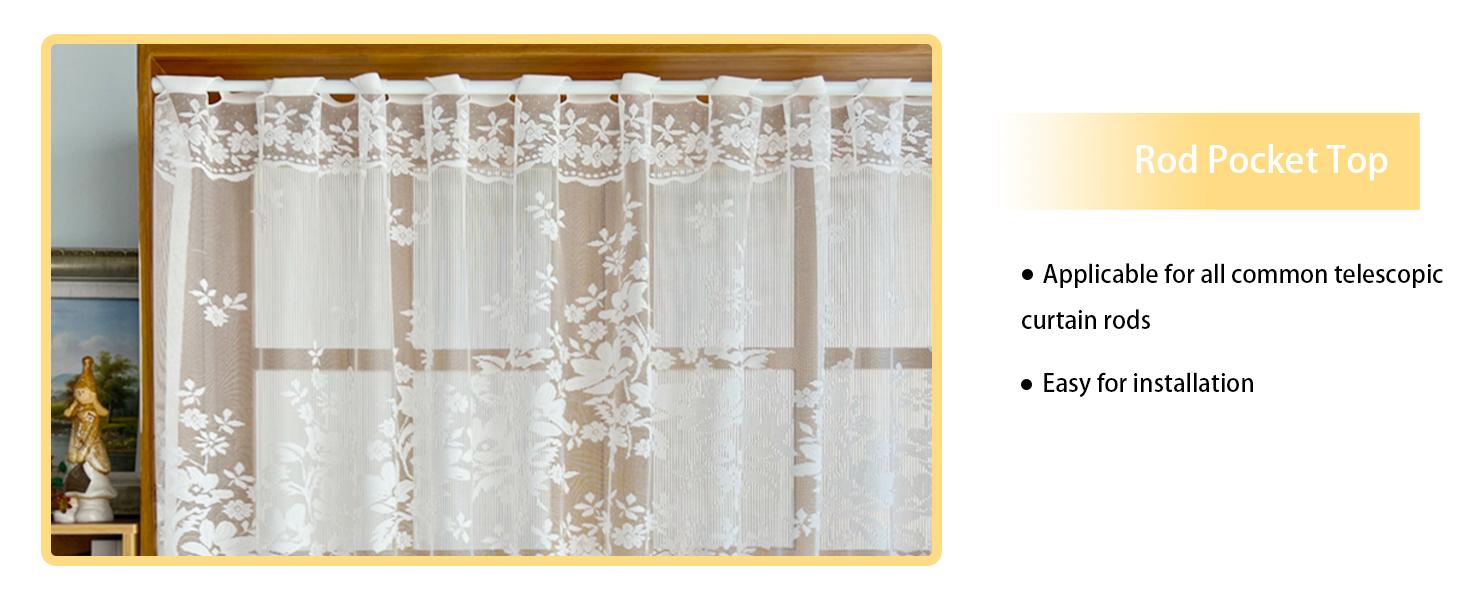 1pc Arched Sheer Curtain - White Lace Floral Print Embroidery Rod Pocket Top, for Doorways/Windows, 63in W x 39in L, One-Piece