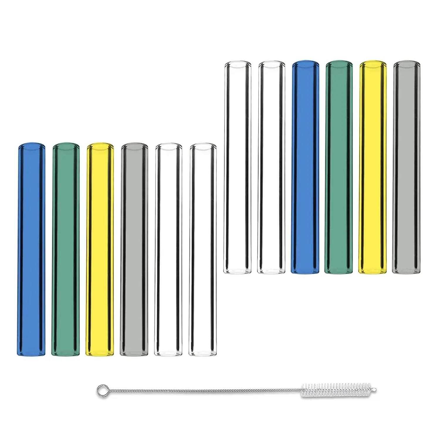 Fire-Polished Multicolor Borosilicate Tubing Set (12 Pcs) - 4 in Length, 10mm Diameter, 1.5mm Thickness, 5 Colors (Transparent, Yellow, Green, Blue, Gray) with 1 Cleaning Brush