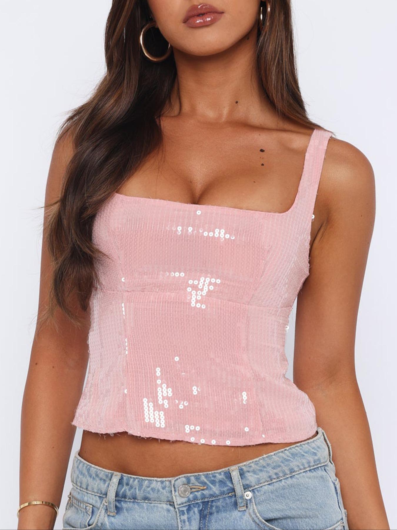 Women's Y2K Style Plain Backless Crop Top, Perfect for Dates & Parties, Sequined Design, Summer Woven Fabric, Moderate Thickness